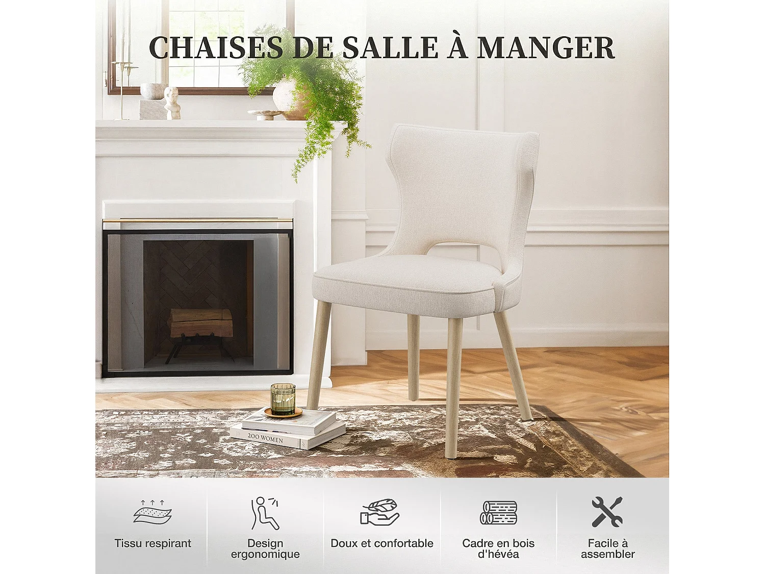 Lot de 2 chaises de salle à manger vintage style club dossier haut, en bois et tissu rembourré - Beige