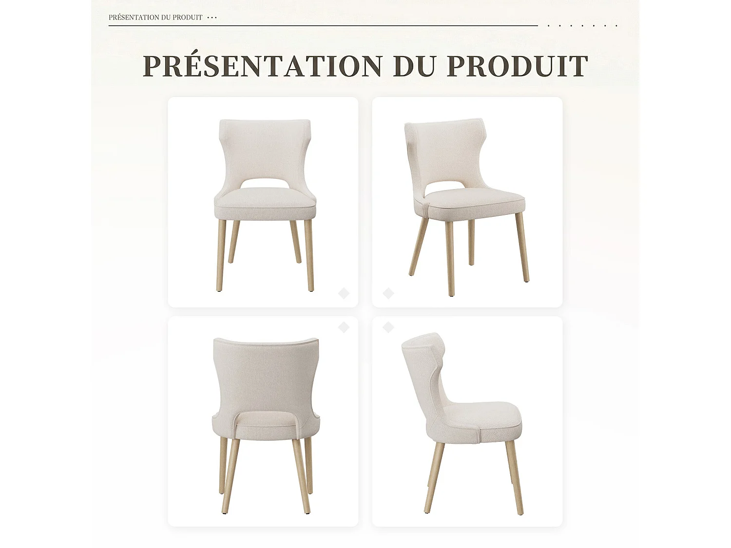 Lot de 2 chaises de salle à manger vintage style club dossier haut, en bois et tissu rembourré - Beige