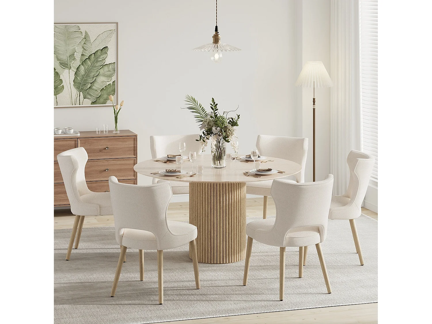 Lot de 2 chaises de salle à manger vintage style club dossier haut, en bois et tissu rembourré - Beige