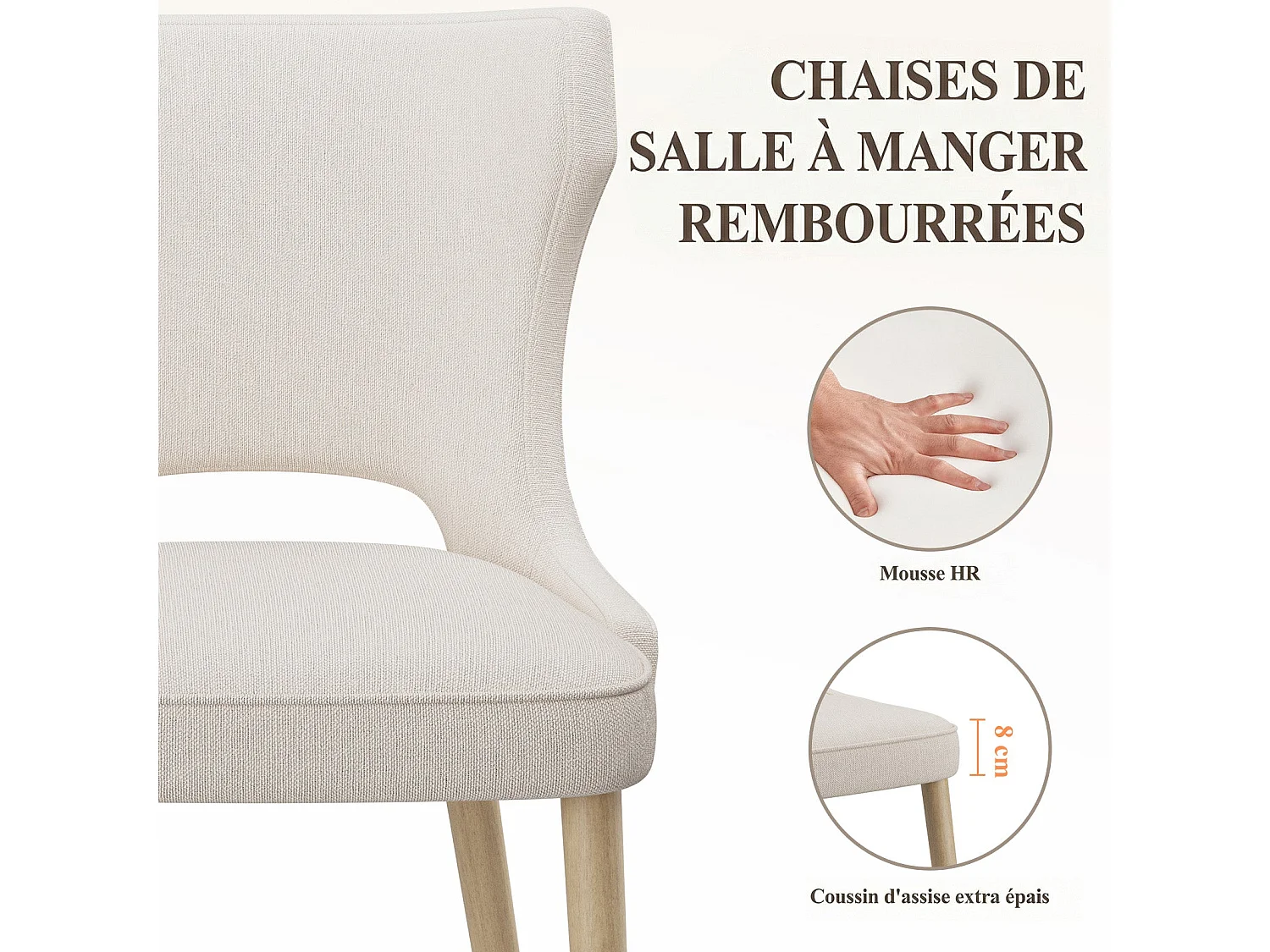 Lot de 2 chaises de salle à manger vintage style club dossier haut, en bois et tissu rembourré - Beige