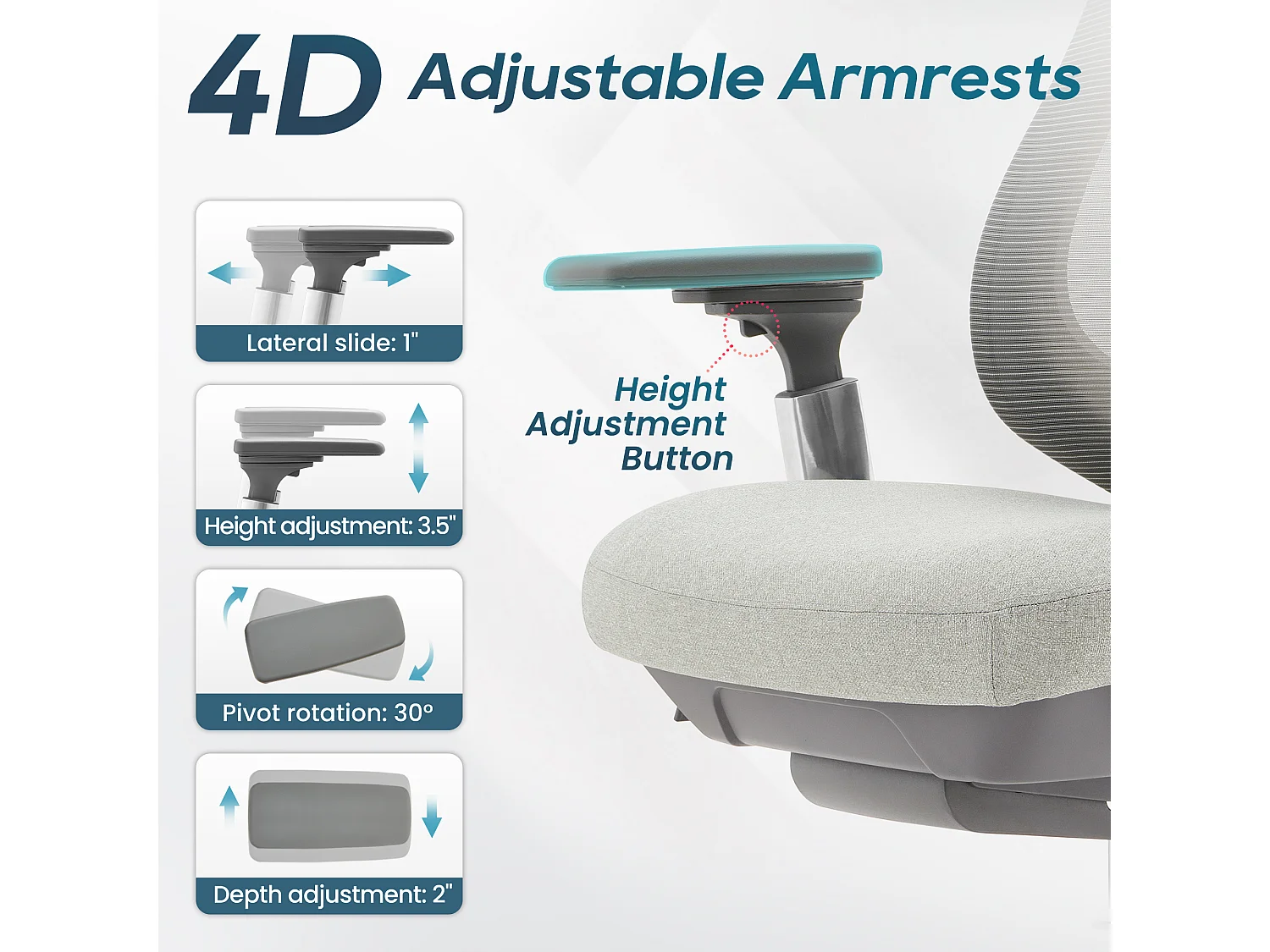 SMARTUE Atlas fauteuil de bureau ergonomique gris claire, accoudoirs 4D, siège réglable avant-arrière, pieds en métal de qualité