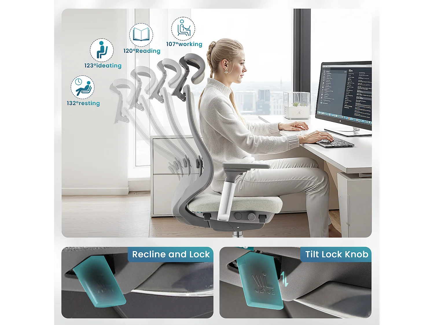 SMARTUE Atlas fauteuil de bureau ergonomique gris claire, accoudoirs 4D, siège réglable avant-arrière, pieds en métal de qualité