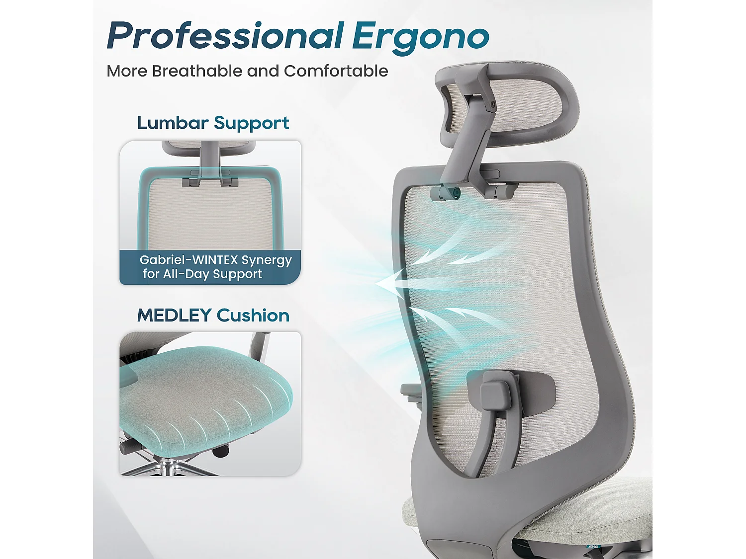 SMARTUE Atlas fauteuil de bureau ergonomique gris claire, accoudoirs 4D, siège réglable avant-arrière, pieds en métal de qualité