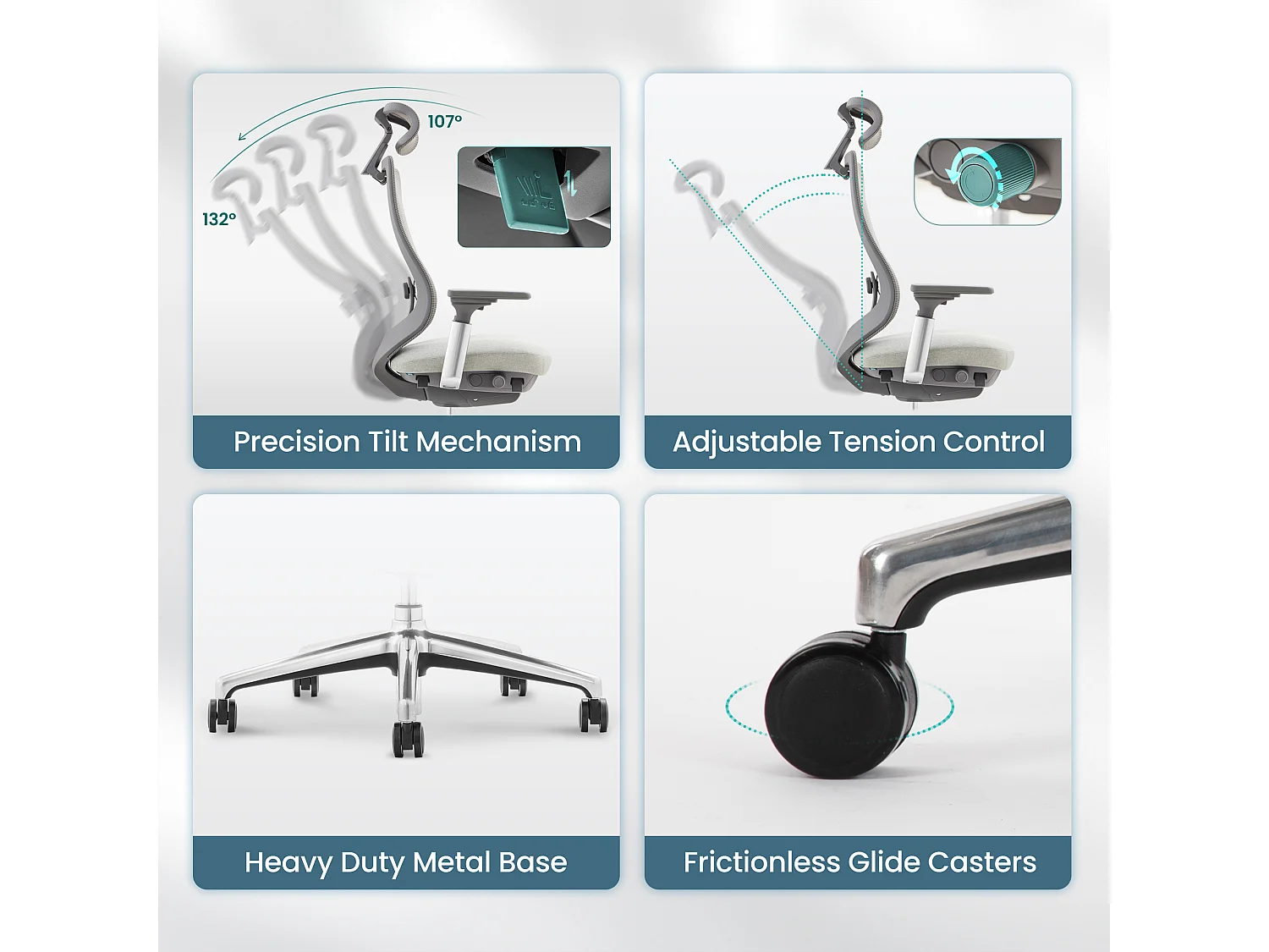 SMARTUE Atlas fauteuil de bureau ergonomique gris claire, accoudoirs 4D, siège réglable avant-arrière, pieds en métal de qualité