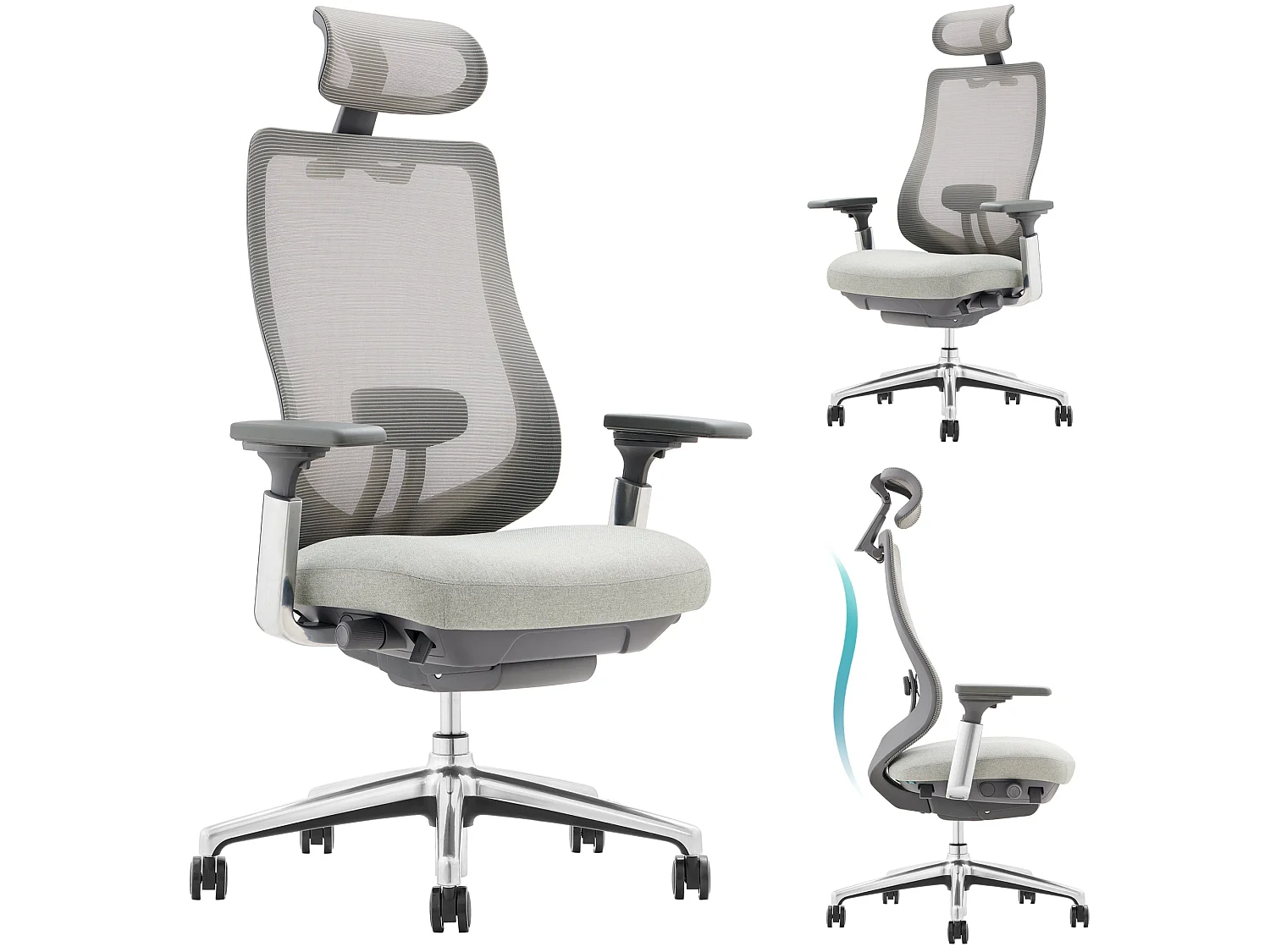 SMARTUE Atlas fauteuil de bureau ergonomique gris claire, accoudoirs 4D, siège réglable avant-arrière, pieds en métal de qualité