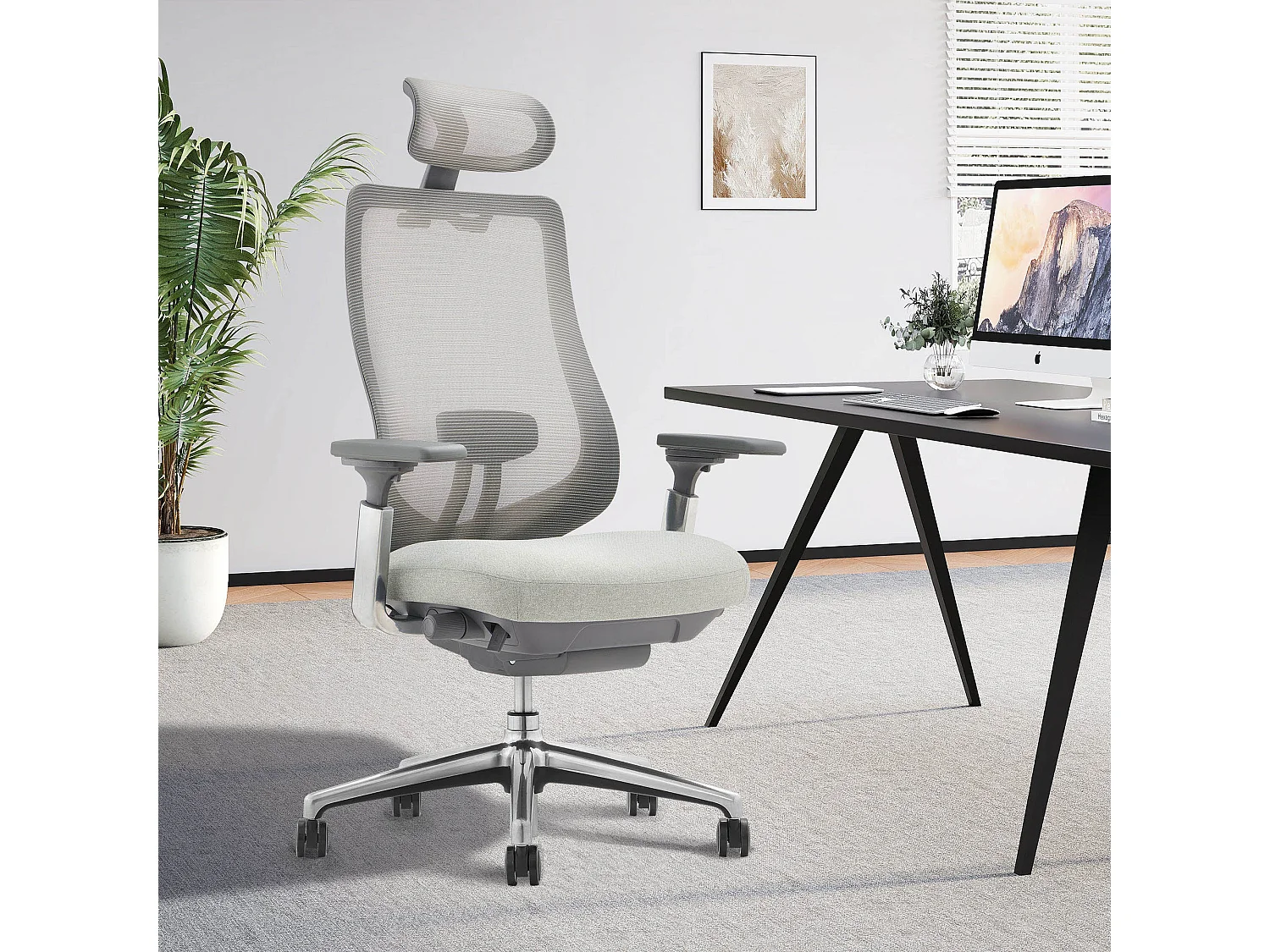 SMARTUE Atlas fauteuil de bureau ergonomique gris claire, accoudoirs 4D, siège réglable avant-arrière, pieds en métal de qualité