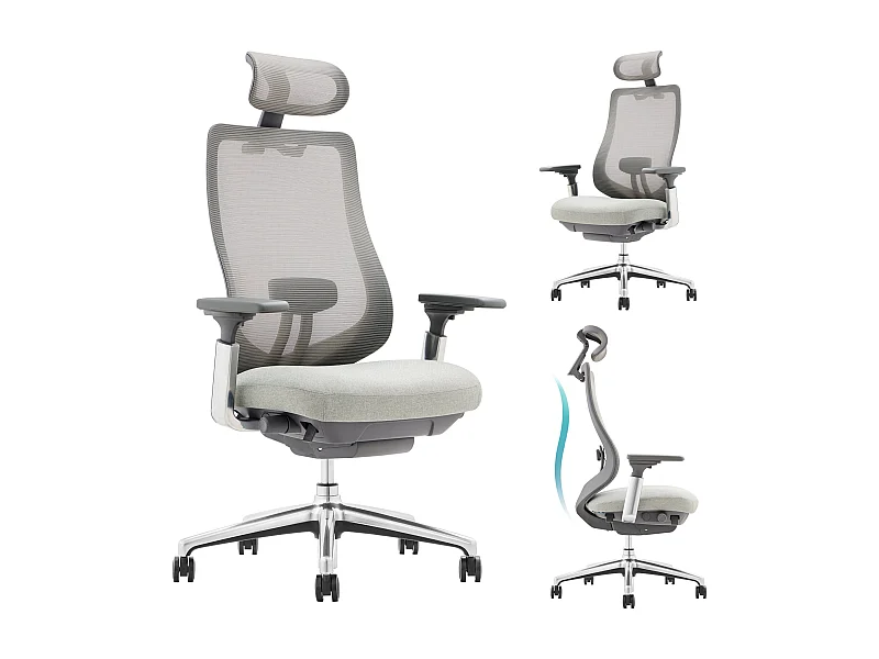 Chaise de bureau avec accoudoirs 4D et siège réglable avant-arrière, confort optimal pour travail intensif - Gris claire