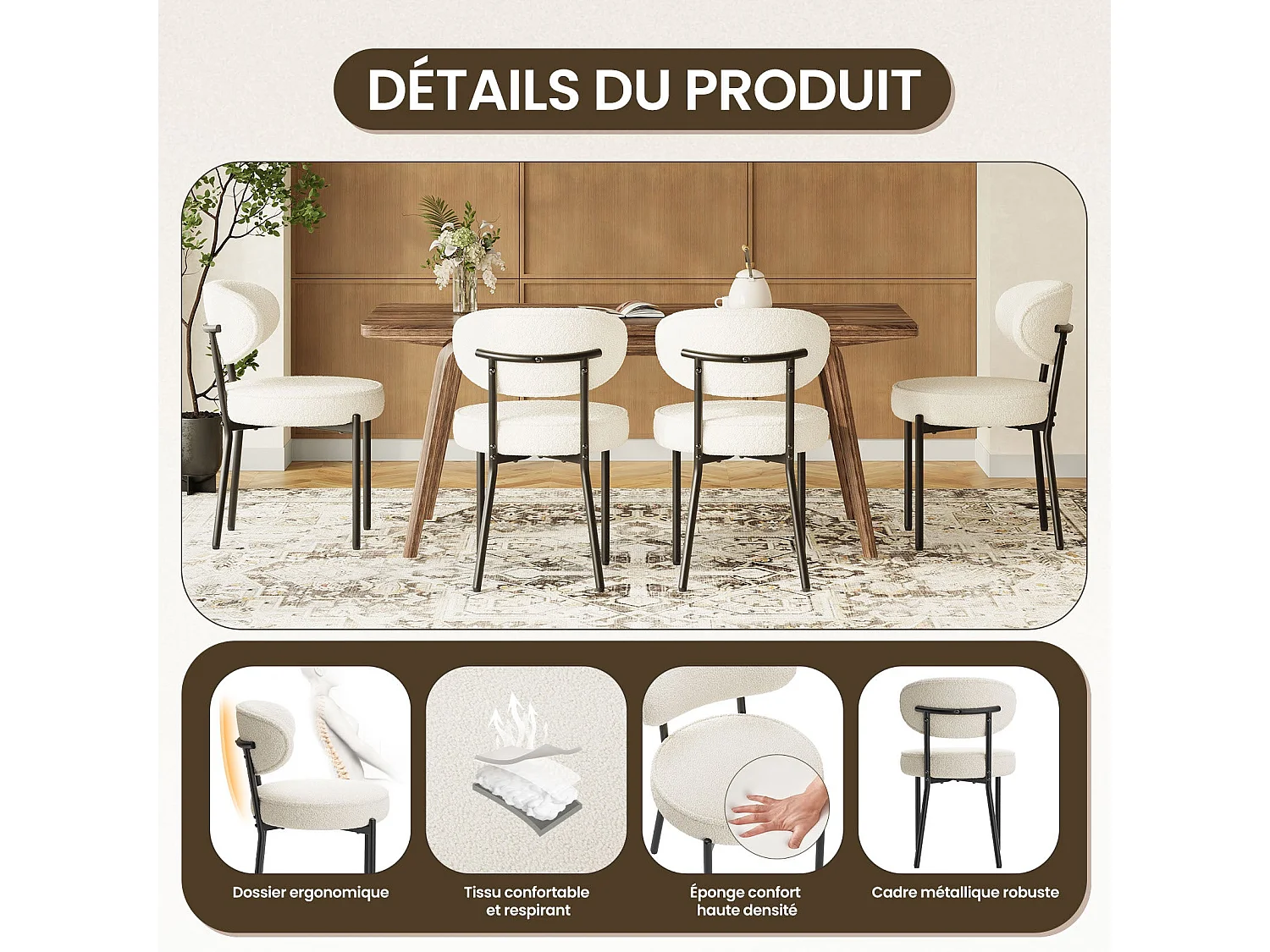 Lot de 2 Chaises de salle à manger, pieds en métal robustes et assise ultra - Blanc