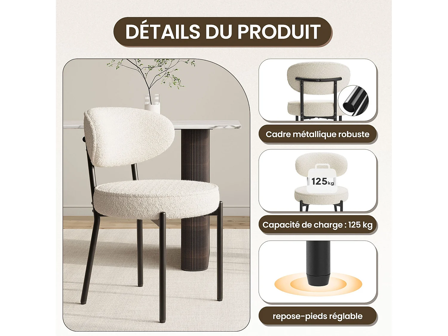 Lot de 2 Chaises de salle à manger, pieds en métal robustes et assise ultra - Blanc