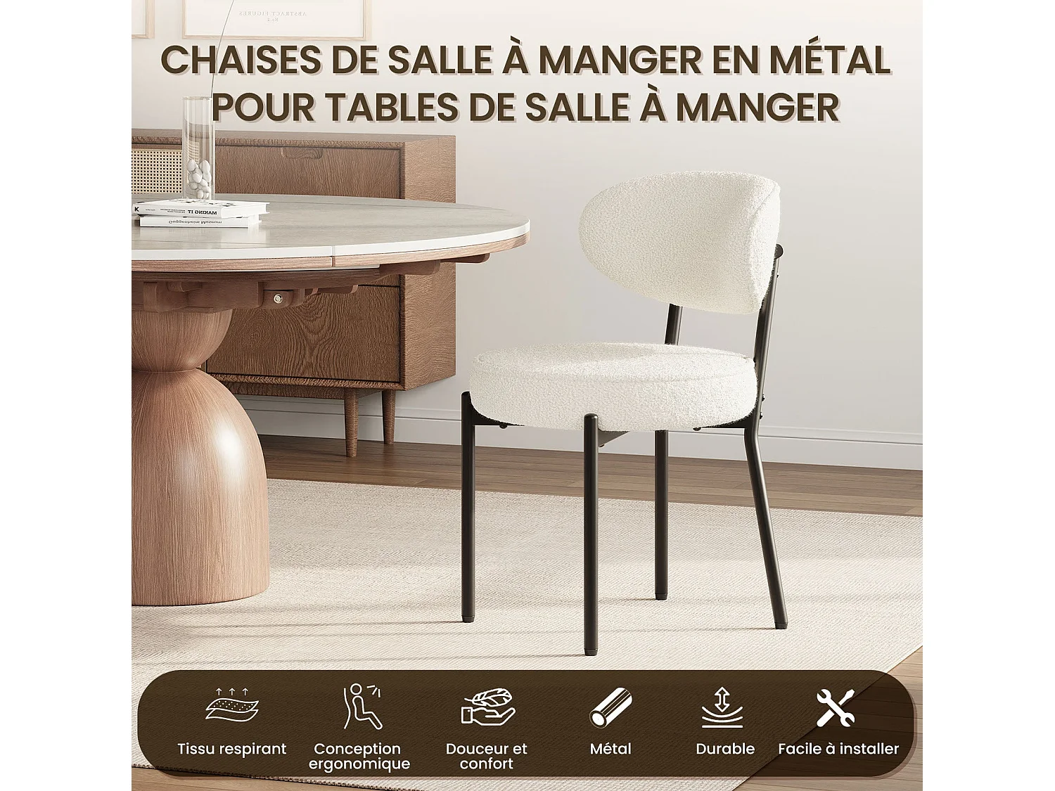 Lot de 2 Chaises de salle à manger, pieds en métal robustes et assise ultra - Blanc