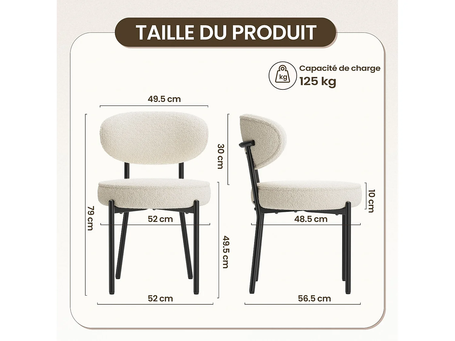 Lot de 2 Chaises de salle à manger, pieds en métal robustes et assise ultra - Blanc