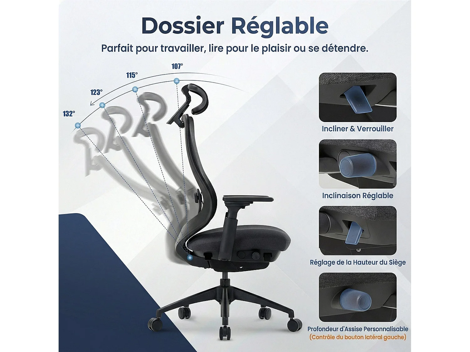 Chaise de bureau avec accoudoirs 4D et siège réglable avant-arrière, confort optimal pour travail intensif - Noir