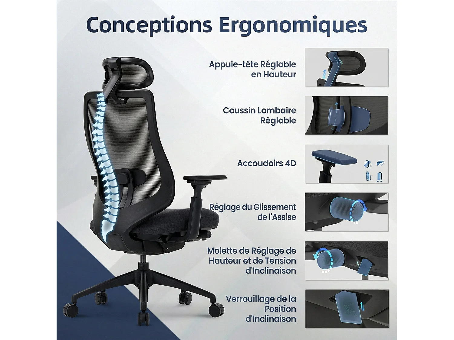 Chaise de bureau avec accoudoirs 4D et siège réglable avant-arrière, confort optimal pour travail intensif - Noir