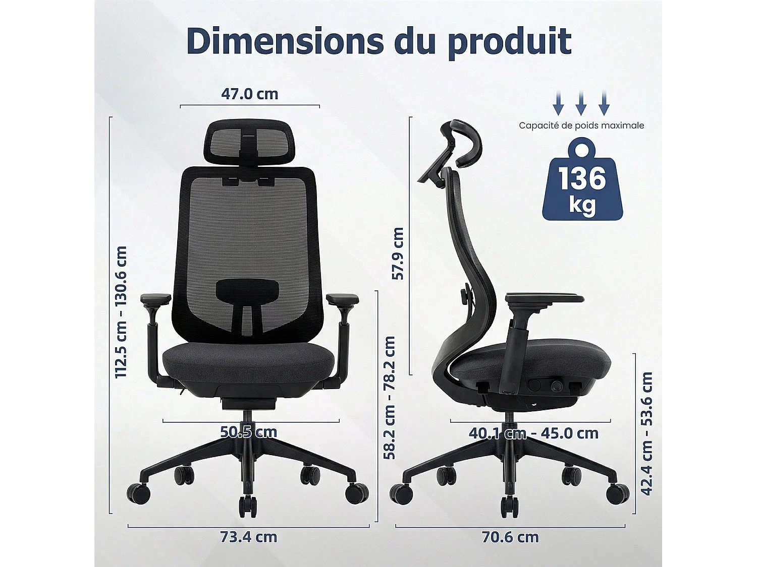 Chaise de bureau avec accoudoirs 4D et siège réglable avant-arrière, confort optimal pour travail intensif - Noir