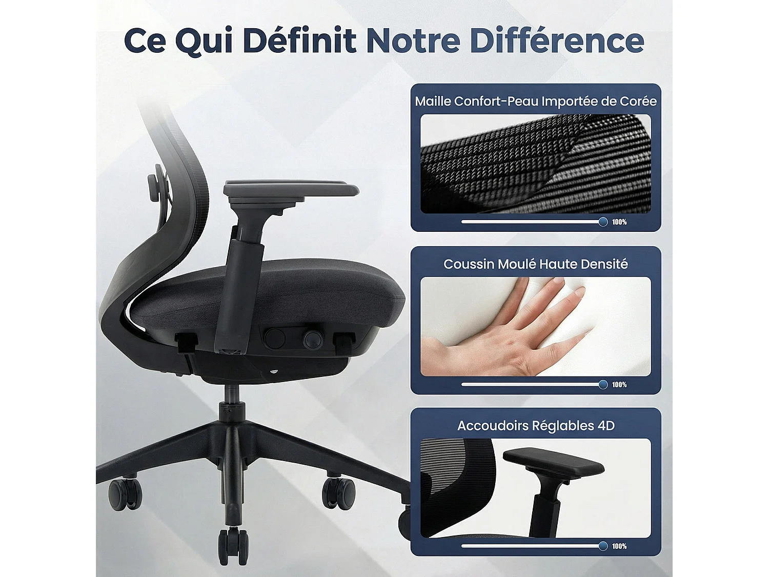 Chaise de bureau avec accoudoirs 4D et siège réglable avant-arrière, confort optimal pour travail intensif - Noir