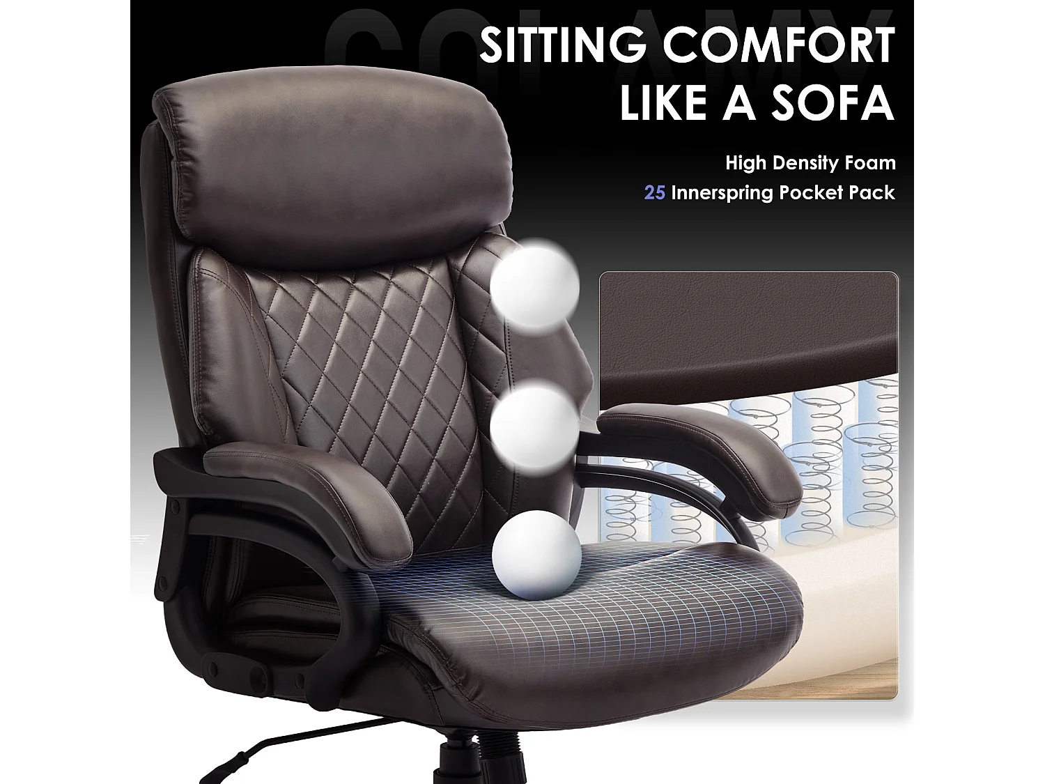 Fauteuil directeur haut avec accoudoirs réglables, dossier structuré et assise extra-large en simili-cuir, Marron