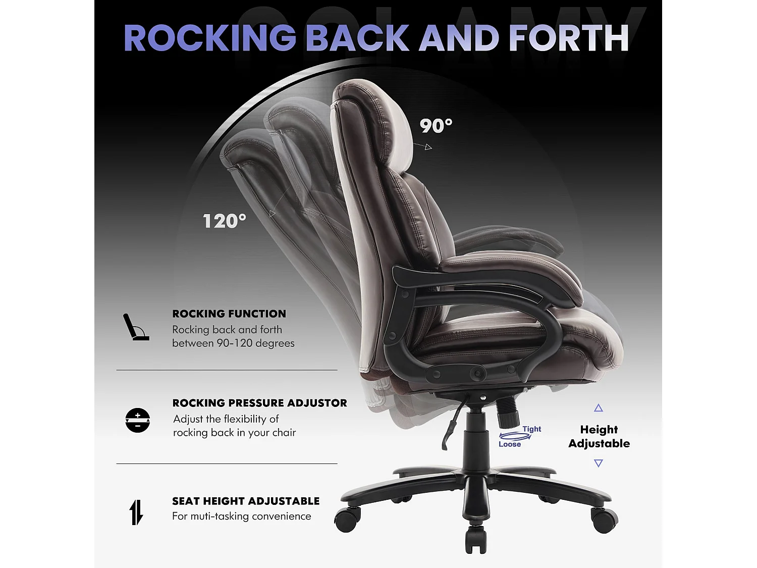 Chaise de bureau avec accoudoirs réglables, dossier structuré et assise extra-large en simili-cuir, Marron