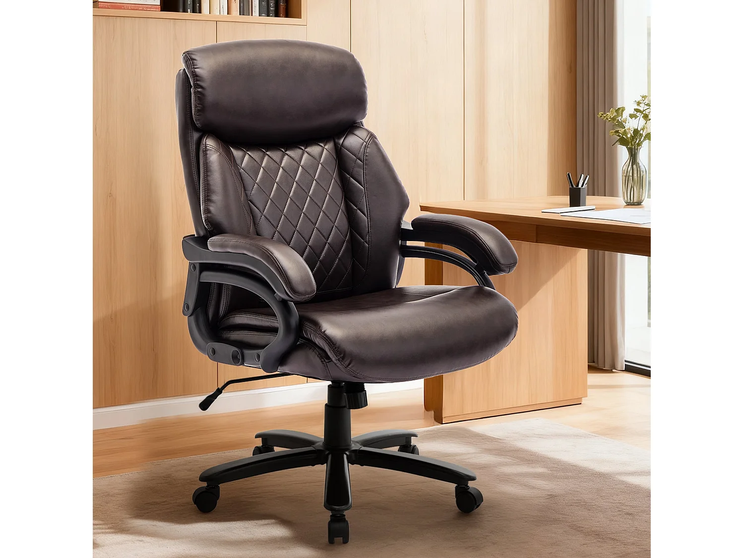 Chaise de bureau avec accoudoirs réglables, dossier structuré et assise extra-large en simili-cuir, Marron