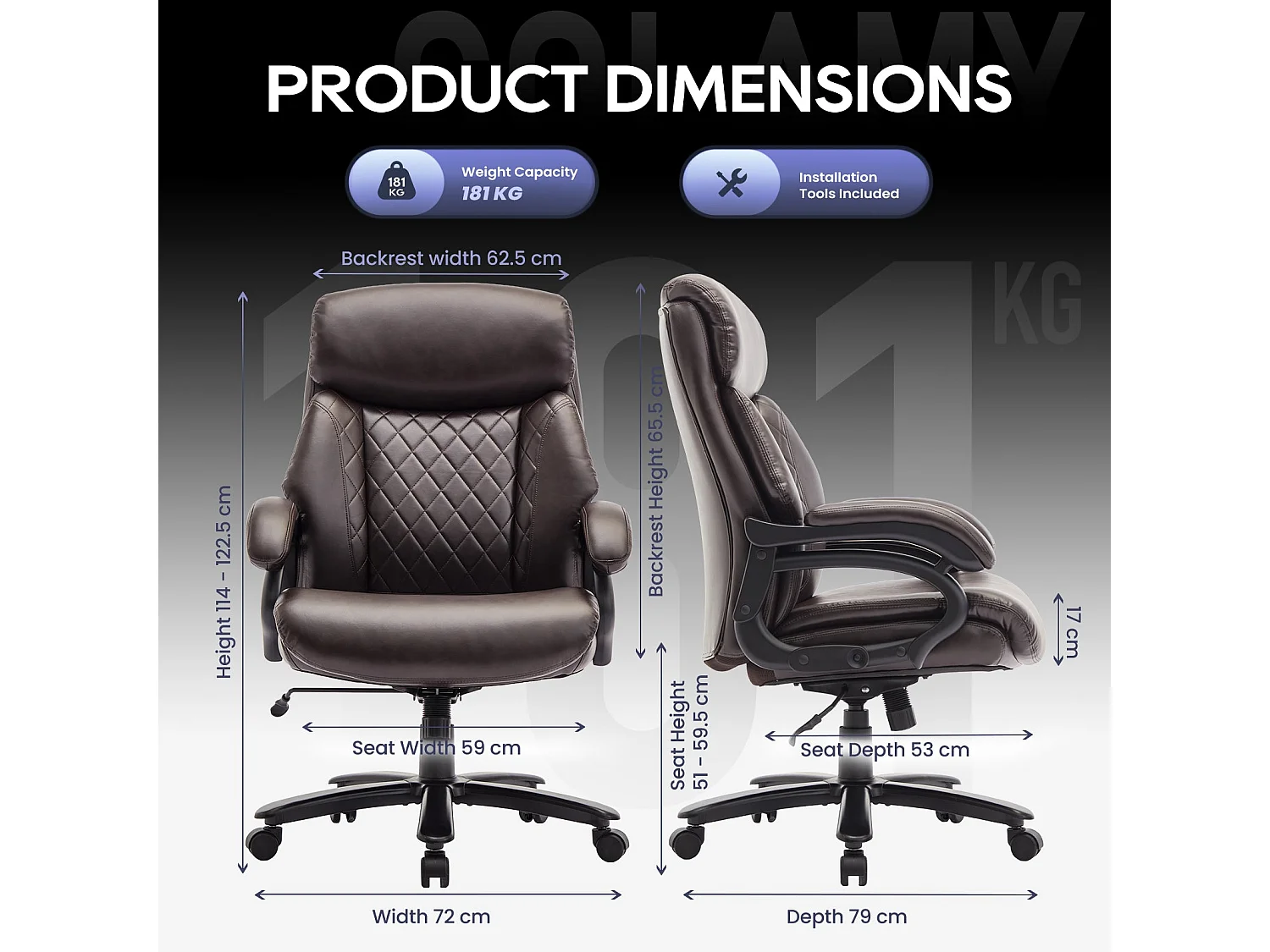 Chaise de bureau avec accoudoirs réglables, dossier structuré et assise extra-large en simili-cuir, Marron