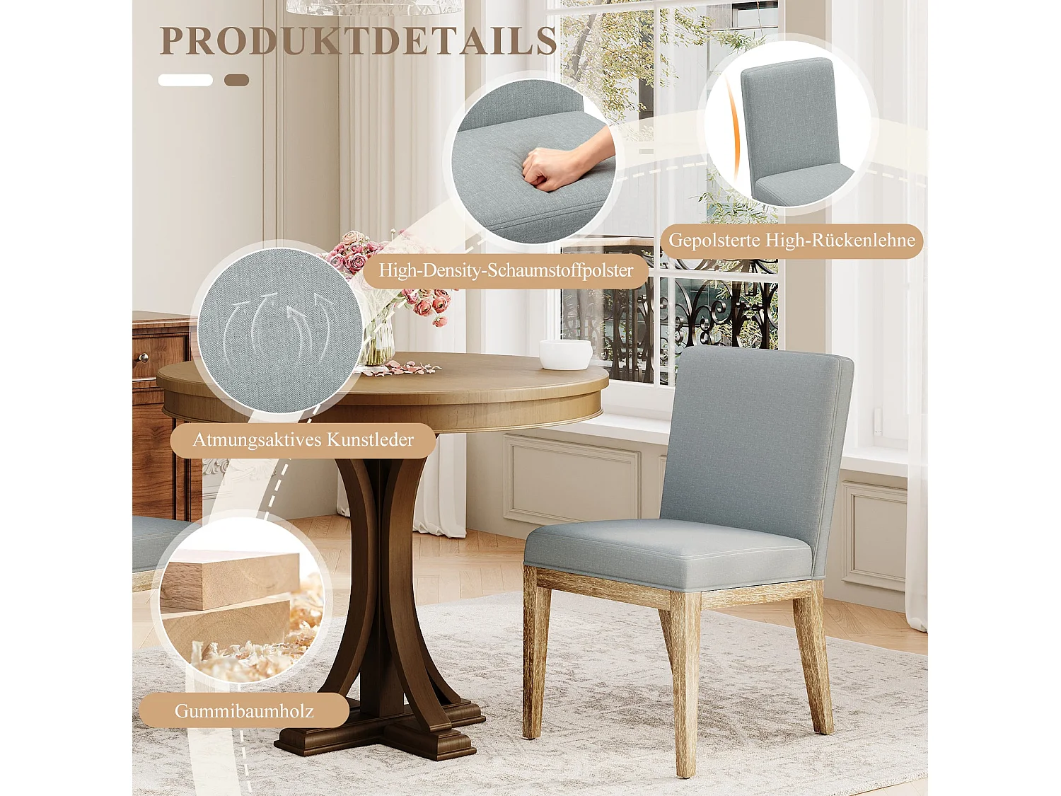 Lot de 2 chaises de salle à manger modernes en tissu style campagne - Gris