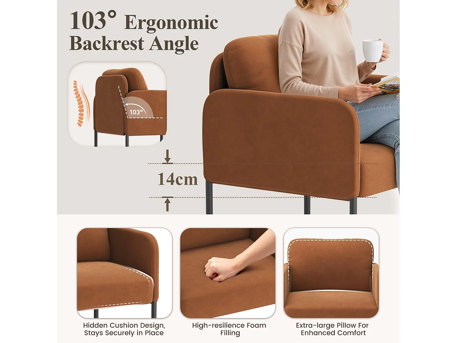 Un fauteuil au confort naturel, pensé pour le quotidien - Fauteuil avec dossier enveloppant et pieds en métal fin, Orange