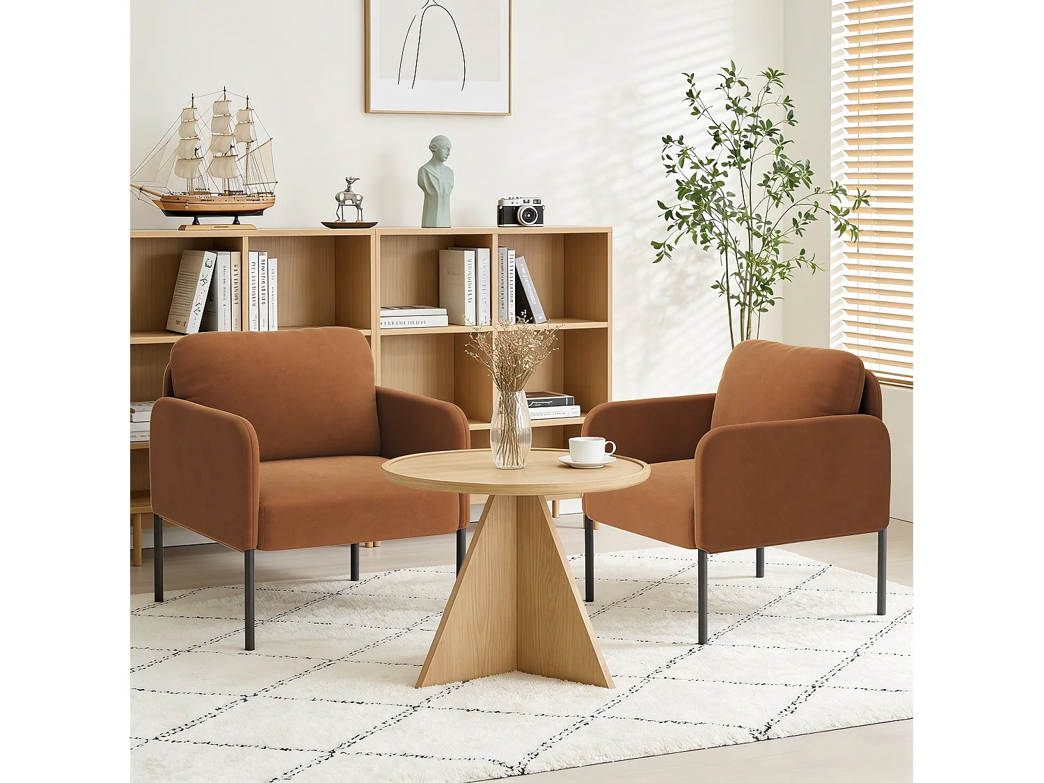 Fauteuil de salon haut dossier rembourré en velours orange, pieds en métal, coussin extra large