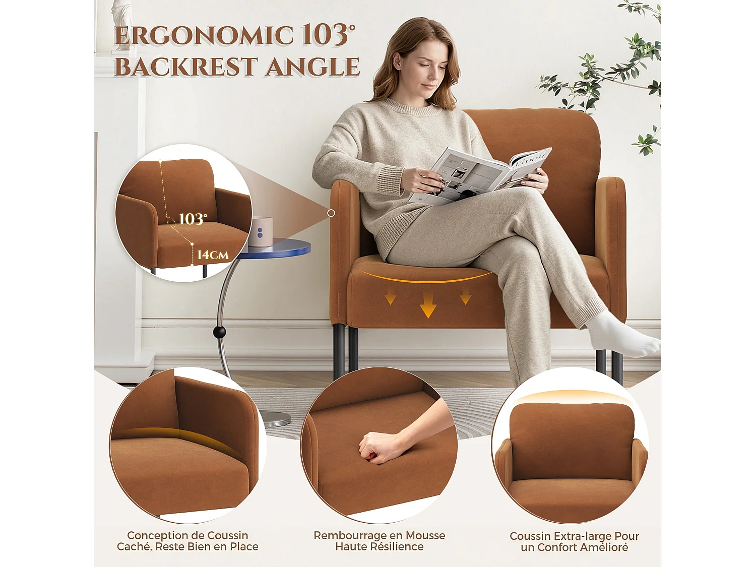 Fauteuil de salon haut dossier rembourré en velours orange, pieds en métal, coussin extra large