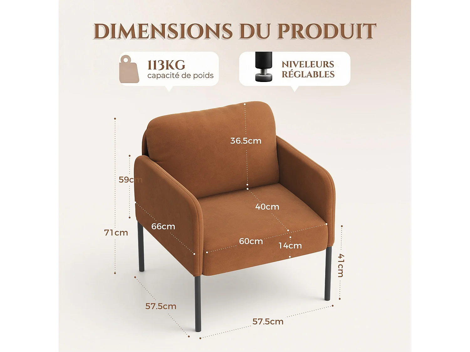 Fauteuil de salon haut dossier rembourré en velours orange, pieds en métal, coussin extra large