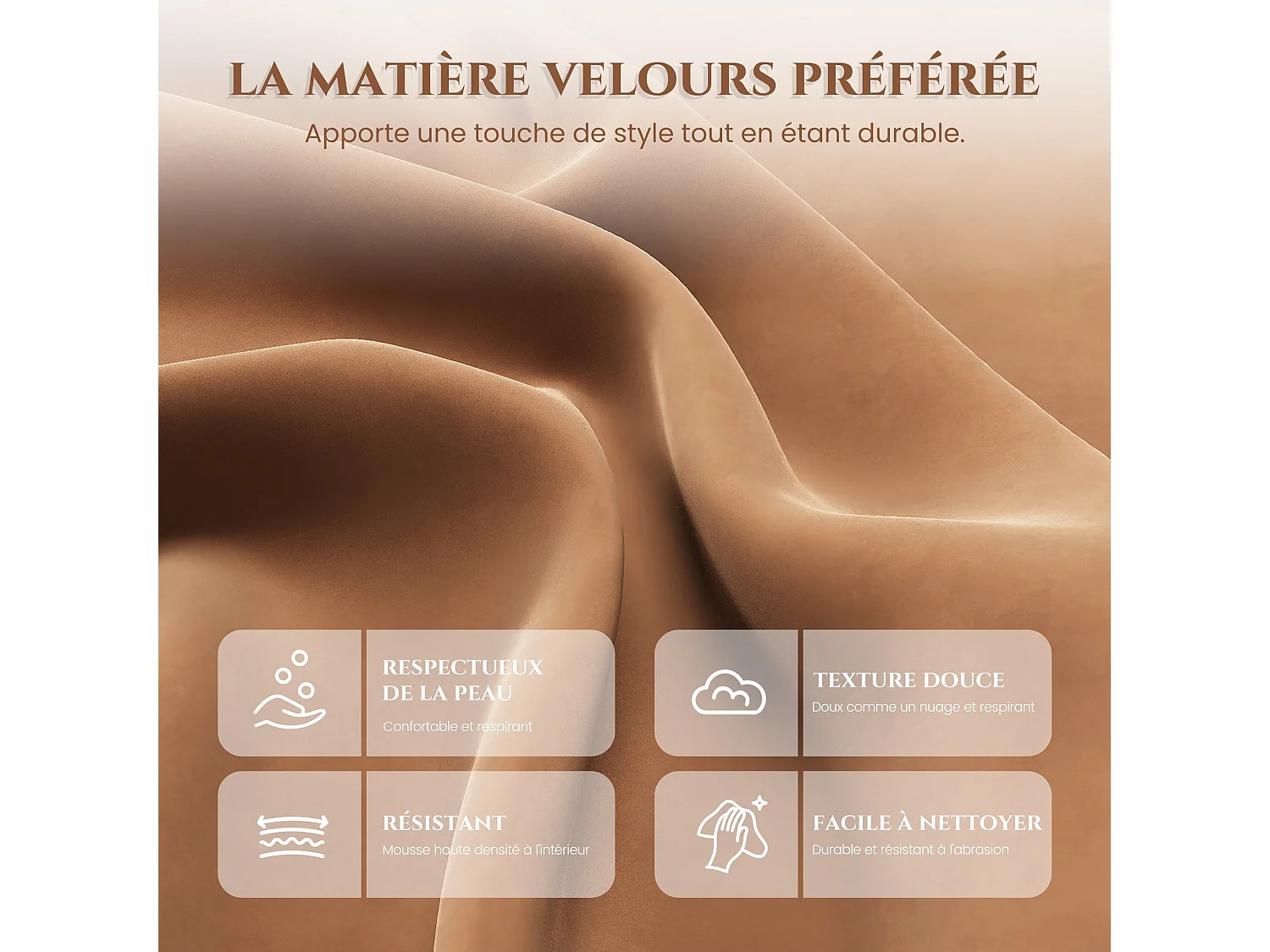 Fauteuil de salon haut dossier rembourré en velours orange, pieds en métal, coussin extra large