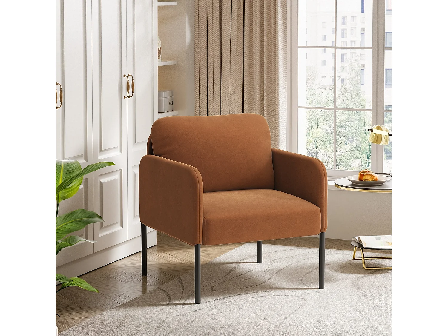 Fauteuil de salon haut dossier rembourré en velours orange, pieds en métal, coussin extra large