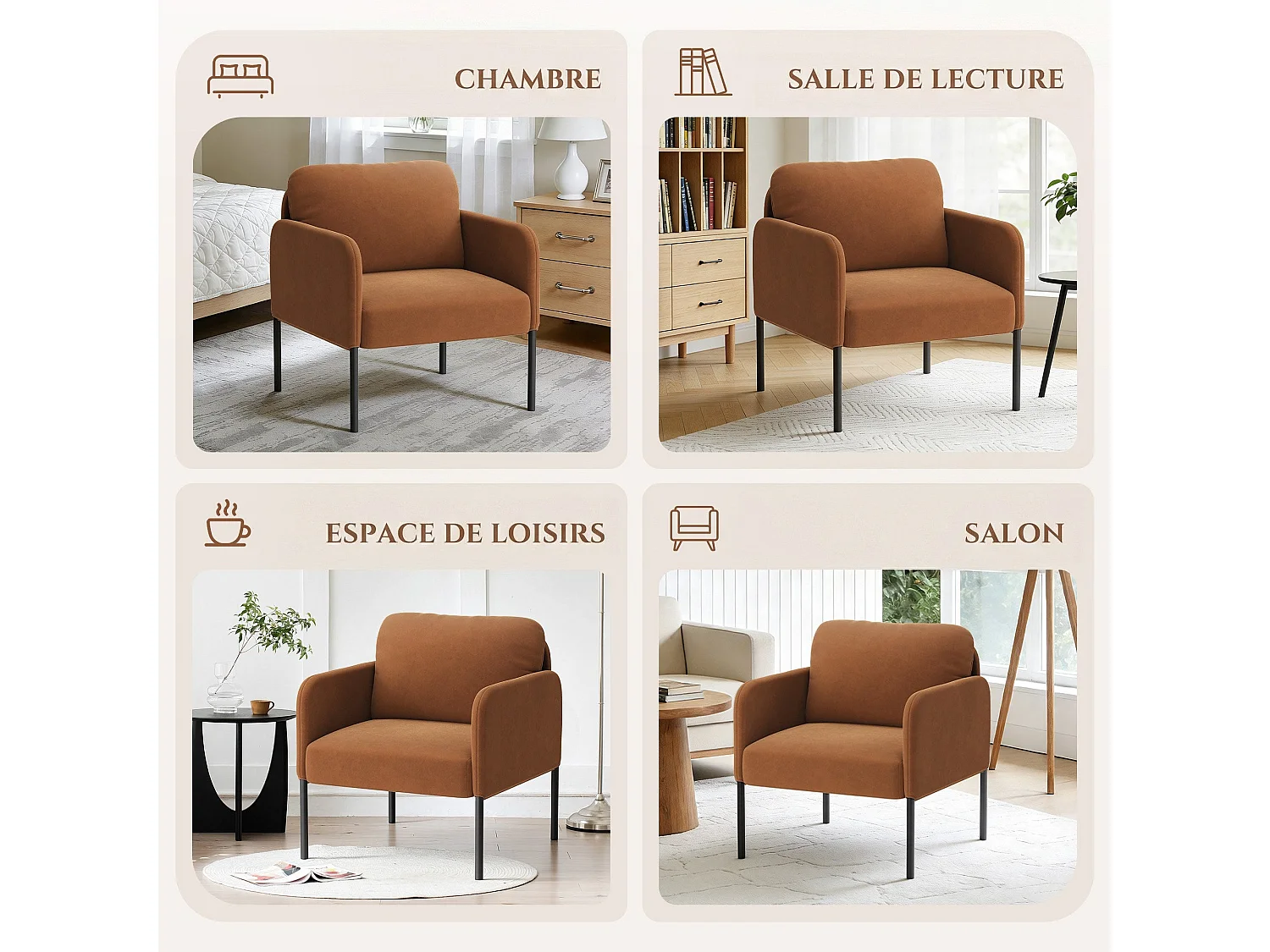 Fauteuil de salon haut dossier rembourré en velours orange, pieds en métal, coussin extra large