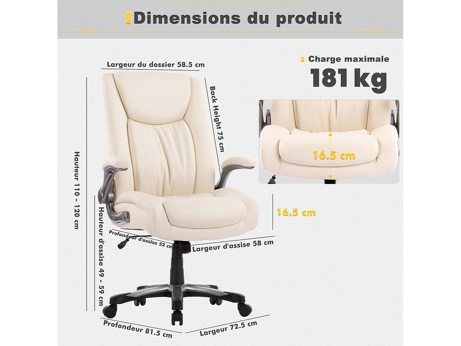Chaise de bureau – Chaise de bureau ergonomique Robuste, charge maximale 181 kg - Beige
