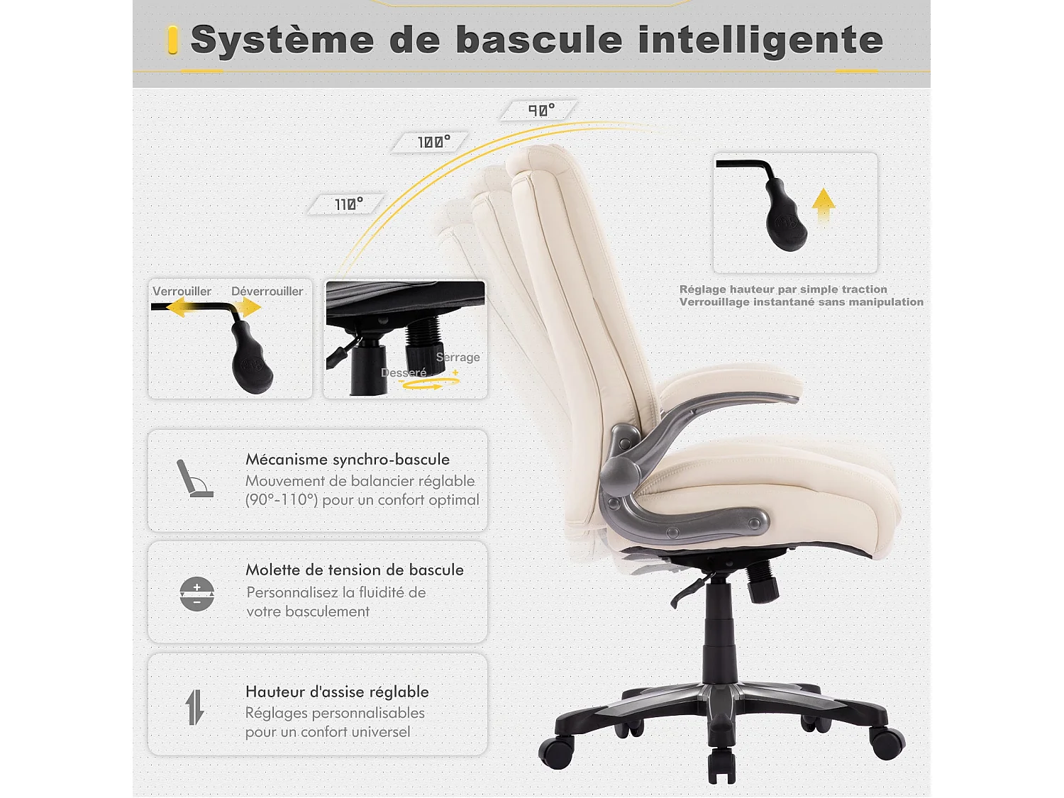 Chaise de bureau – Chaise de bureau ergonomique Robuste, charge maximale 181 kg - Beige