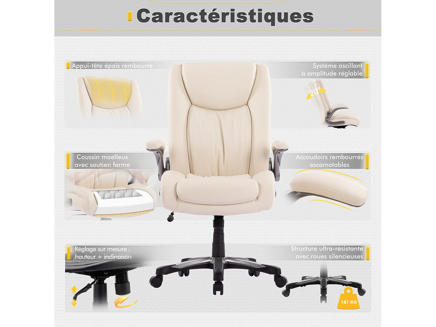 Robuster ergonomischer Bürostuhl, maximale Belastbarkeit 181 kg – Beige