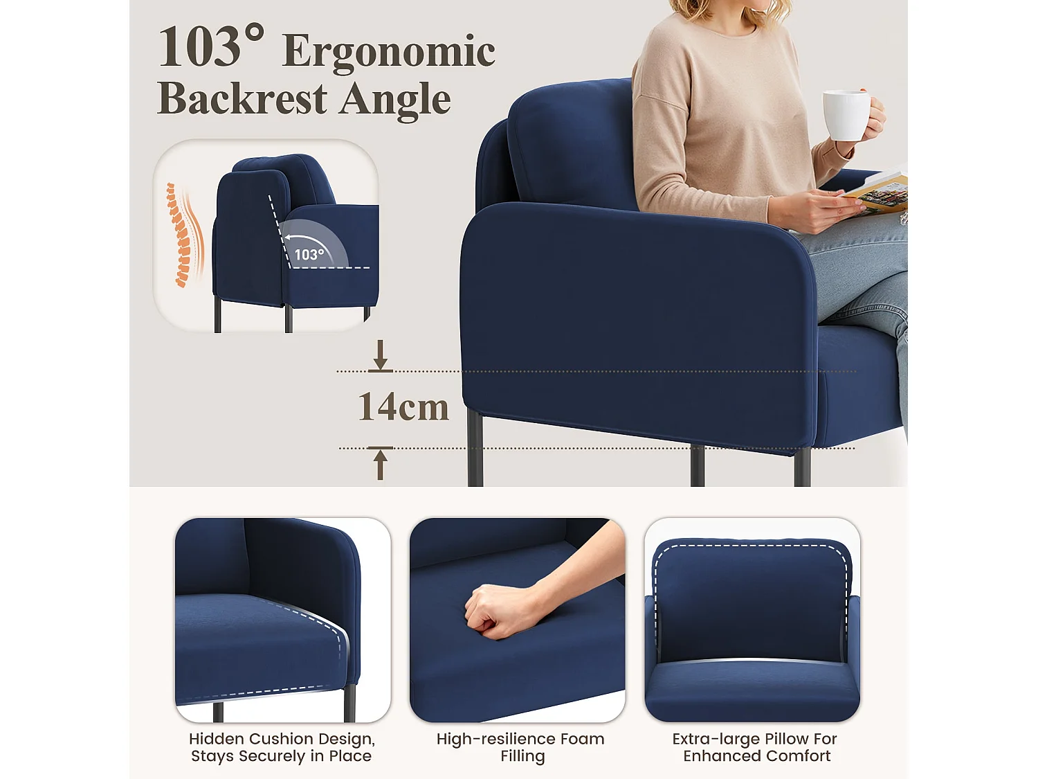 Un fauteuil au confort naturel, pensé pour le quotidien - Fauteuil avec dossier enveloppant et pieds en métal fin, Bleu