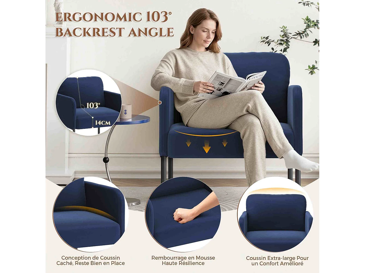 Fauteuil de salon haut dossier rembourré en velours bleu, pieds en métal, coussin extra large