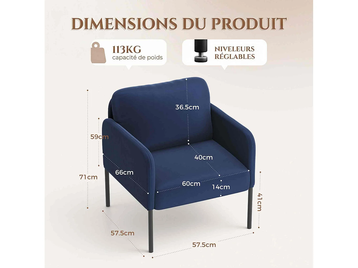 Fauteuil de salon haut dossier rembourré en velours bleu, pieds en métal, coussin extra large