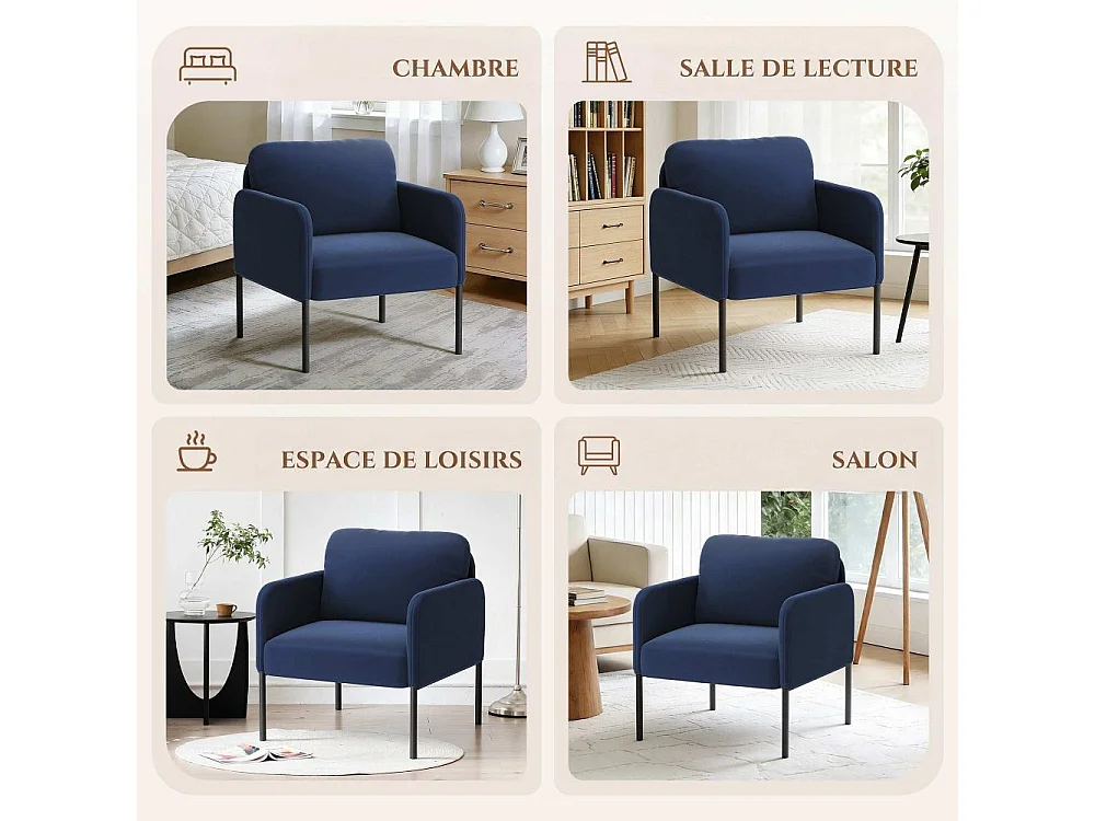 Fauteuil de salon haut dossier rembourré en velours bleu, pieds en métal, coussin extra large
