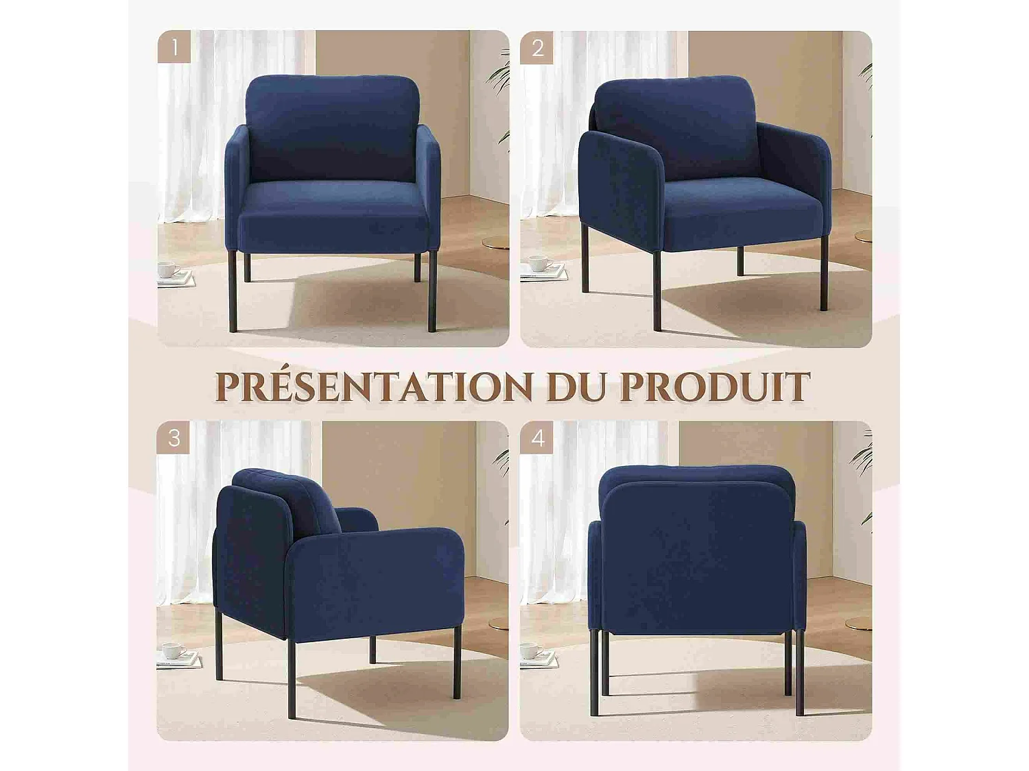 Fauteuil de salon haut dossier rembourré en velours bleu, pieds en métal, coussin extra large
