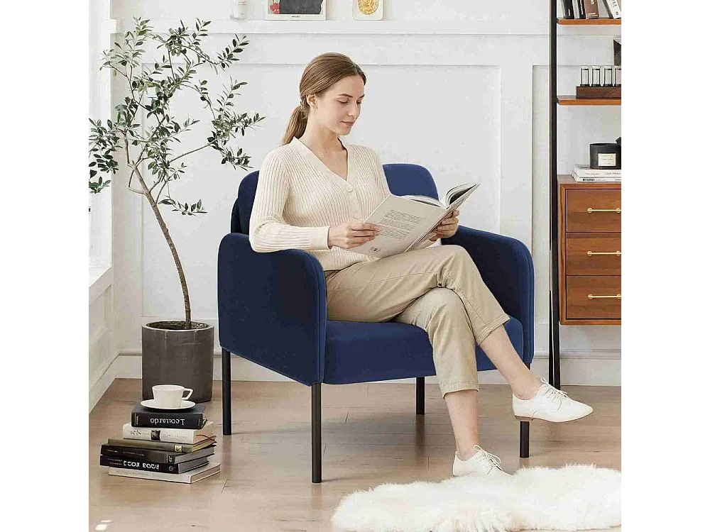 Fauteuil de salon haut dossier rembourré en velours bleu, pieds en métal, coussin extra large