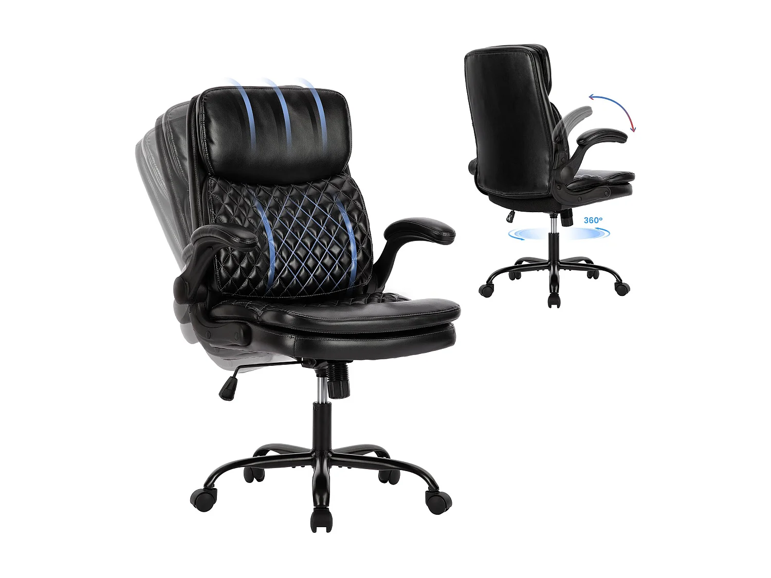 Chaise de bureau - Chaise de Bureau Ergonomique en Cuir – Hauteur Réglable, Dossier Inclinable, Accoudoirs Confortables – Noir