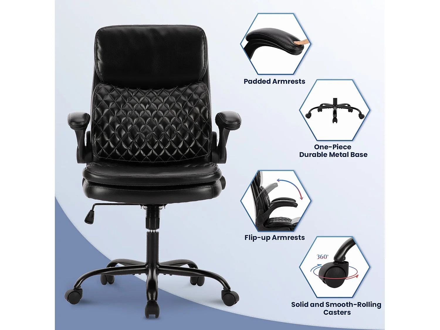 Chaise de bureau - Chaise de Bureau Ergonomique en Cuir – Hauteur Réglable, Dossier Inclinable, Accoudoirs Confortables – Noir