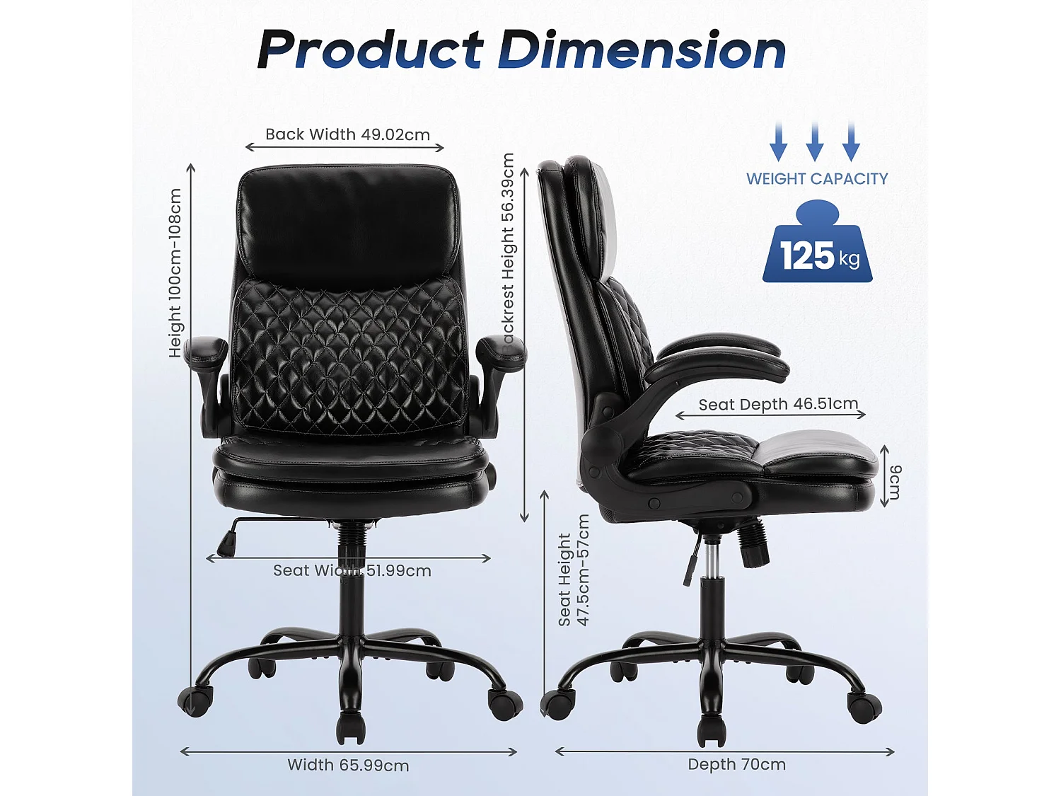 Chaise de bureau - Chaise de Bureau Ergonomique en Cuir – Hauteur Réglable, Dossier Inclinable, Accoudoirs Confortables – Noir