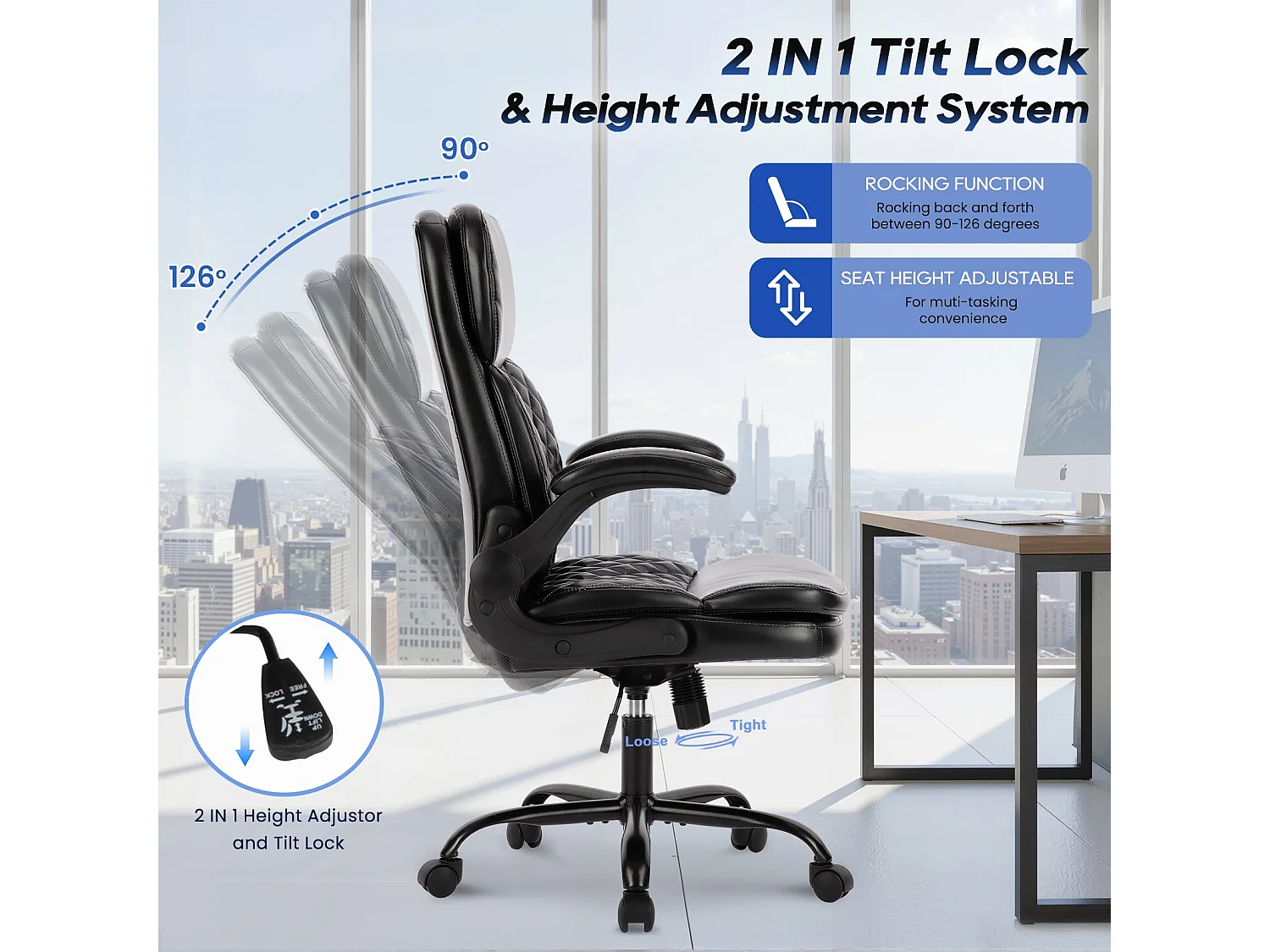 Chaise de bureau - Chaise de Bureau Ergonomique en Cuir – Hauteur Réglable, Dossier Inclinable, Accoudoirs Confortables – Noir