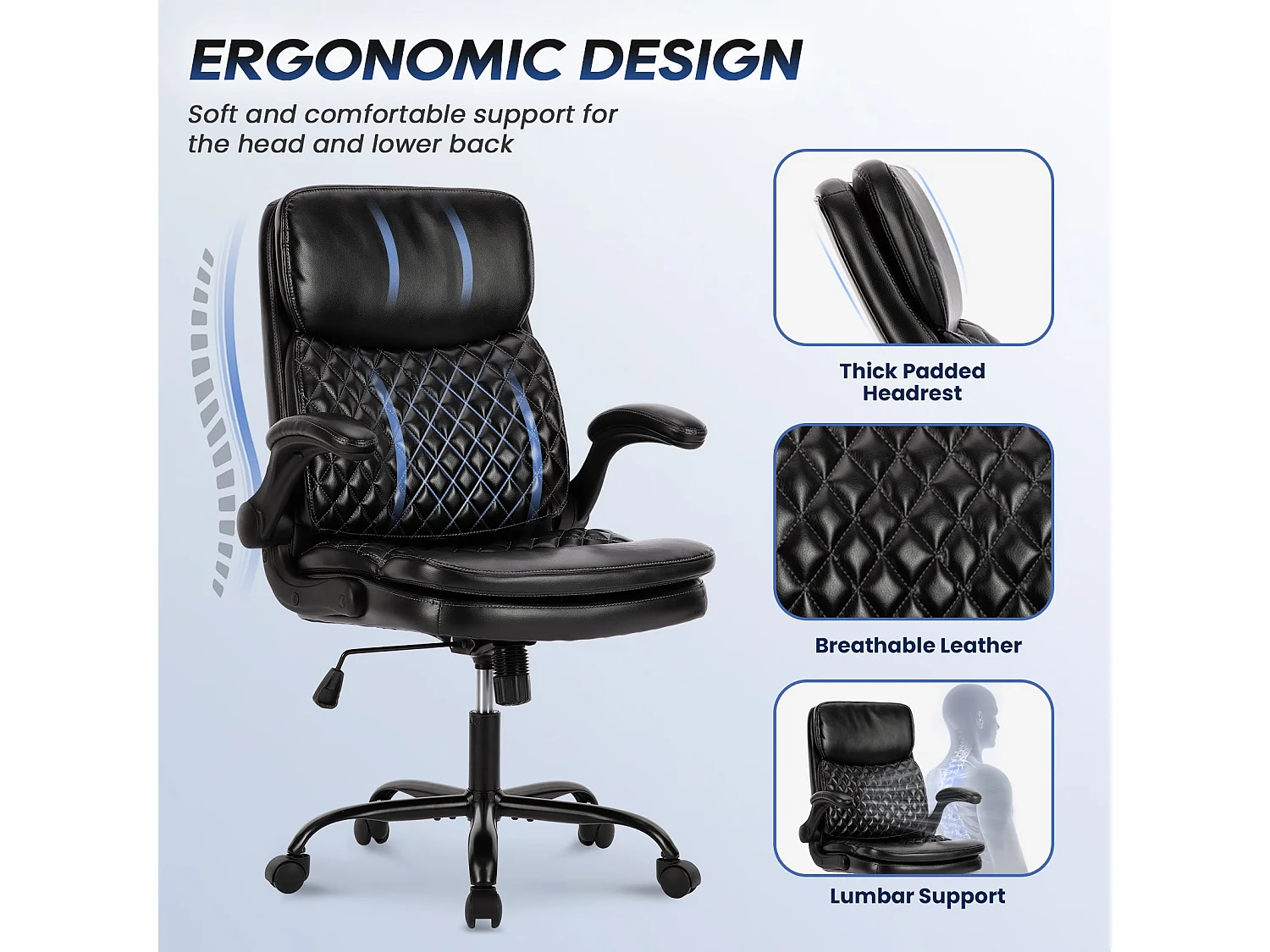 Chaise de bureau - Chaise de Bureau Ergonomique en Cuir – Hauteur Réglable, Dossier Inclinable, Accoudoirs Confortables – Noir