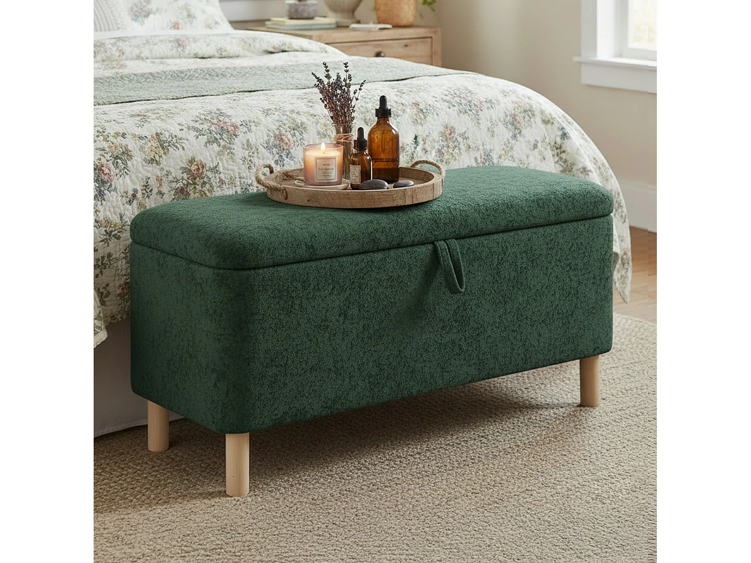 Pouf Rond en Tissu avec Couvercle à Plateau Réversible – Repose-pieds Multifonction, Rangement Caché, Solide et Élégant -Vert