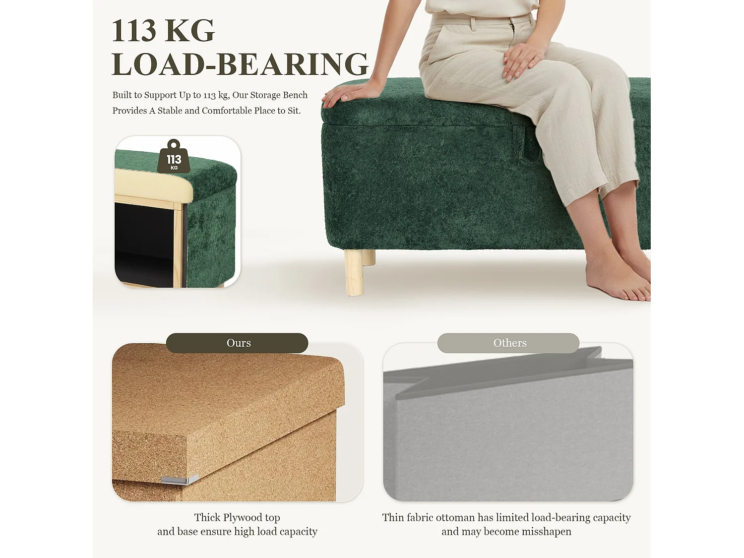 Pouf Rond en Tissu avec Couvercle à Plateau Réversible – Repose-pieds Multifonction, Rangement Caché, Solide et Élégant -Vert