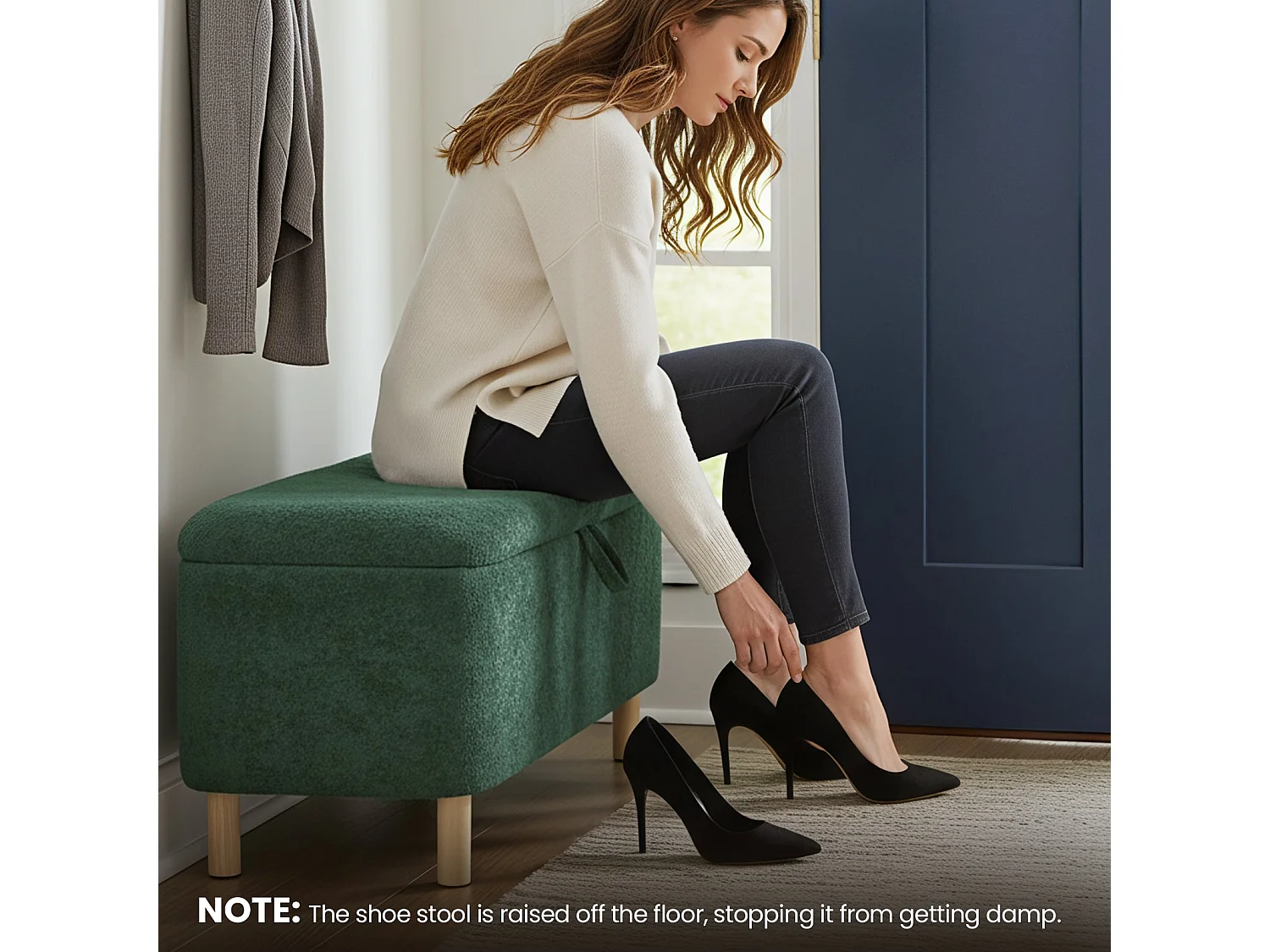 Pouf Rond en Tissu avec Couvercle à Plateau Réversible – Repose-pieds Multifonction, Rangement Caché, Solide et Élégant -Vert