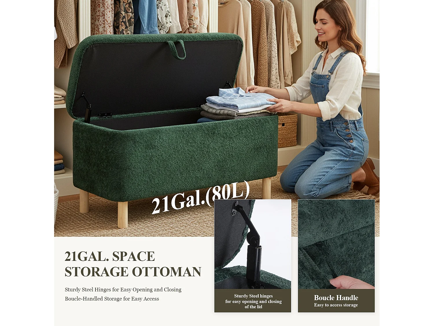 Pouf Rond en Tissu avec Couvercle à Plateau Réversible – Repose-pieds Multifonction, Rangement Caché, Solide et Élégant -Vert