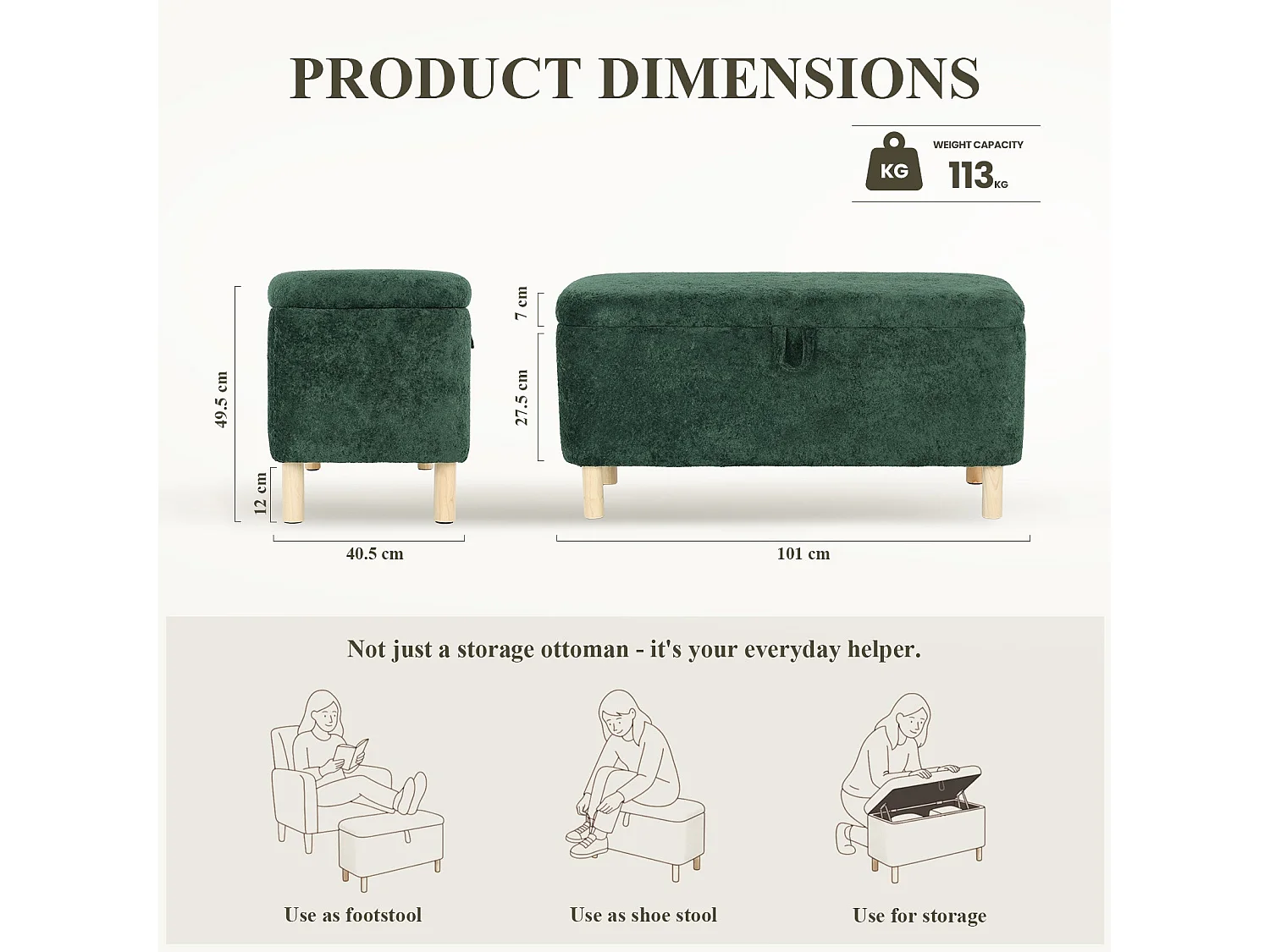 Pouf Rond en Tissu avec Couvercle à Plateau Réversible – Repose-pieds Multifonction, Rangement Caché, Solide et Élégant -Vert